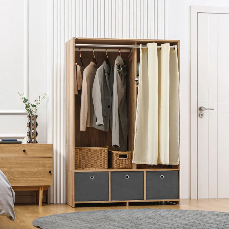 HOMCOM Armoire penderie armoire de rangement avec tringle rideaux 3 tiroirs en tissu amovibles 105 x 48 x 160 cm naturel