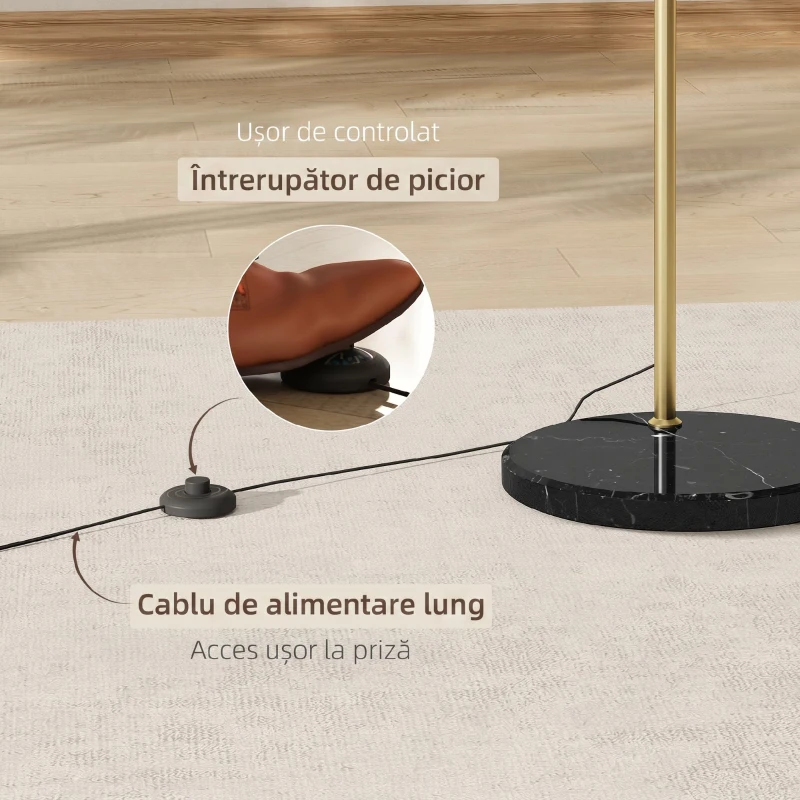HOMCOM Lampadar modern arcuit cu tijă reglabilă și întrerupător cu pedală, dulie E27, auriu