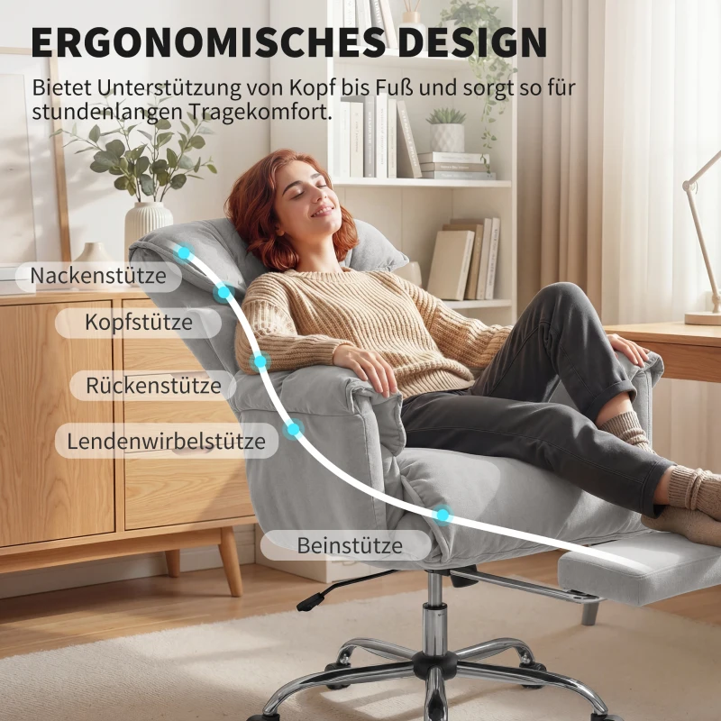 HOMCOM Bürostuhl Neigbar Höhenverstellbar Schreibtischstuhl mit Armlehne Fußstütze hoher Rückenlehne 75 x 77 x 110-118 cm Grau