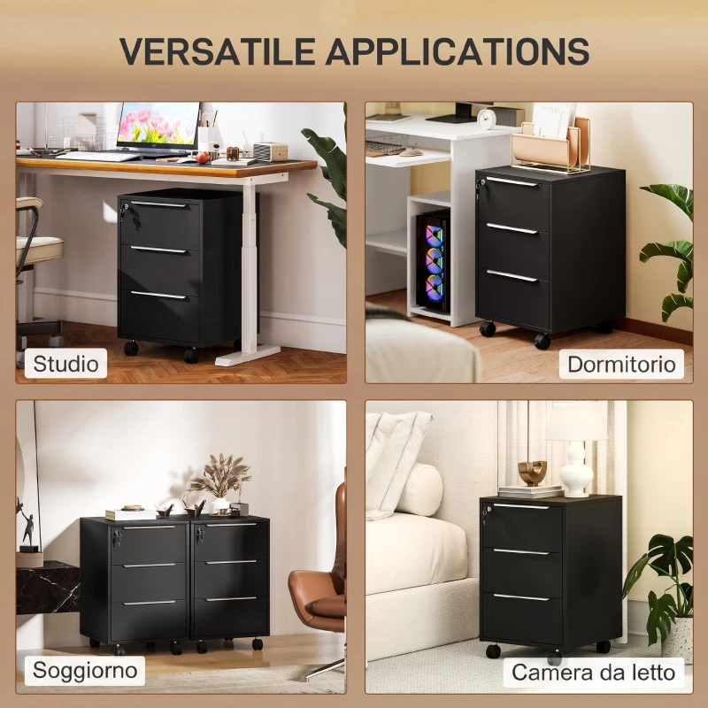 HOMCOM Schedario da Ufficio con 3 Cassetti, 4 Ruote, Cassettiera Ufficio con Serratura e 2 Chiavi, Nero