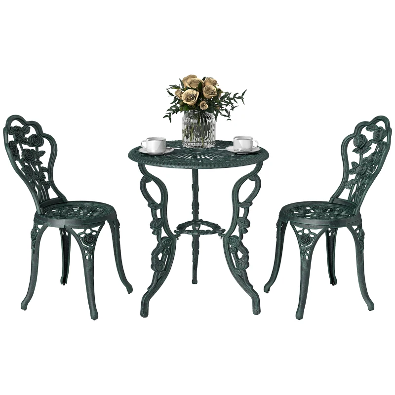 Outsunny Set 3 Pezzi Stile Vintage, Tavolo e 2 Sedie da Giardino in Alluminio, Colore Verde Antico, Decorazioni Floreali