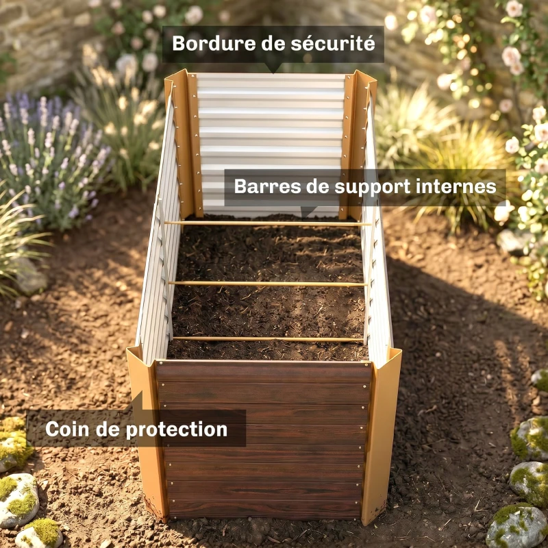 Outsunny Lot de 2 lits de jardin surélevés carrés potagers cadre en acier galvanisé fond ouvert 120 x 60 x 60 cm effet bois marron