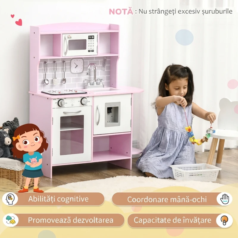 HOMCOM Bucătărie de Jucărie pentru Copii, cu Lumini și Sunete, Dozator Apă, Chiuvetă și Accesorii, MDF, PP, Roz