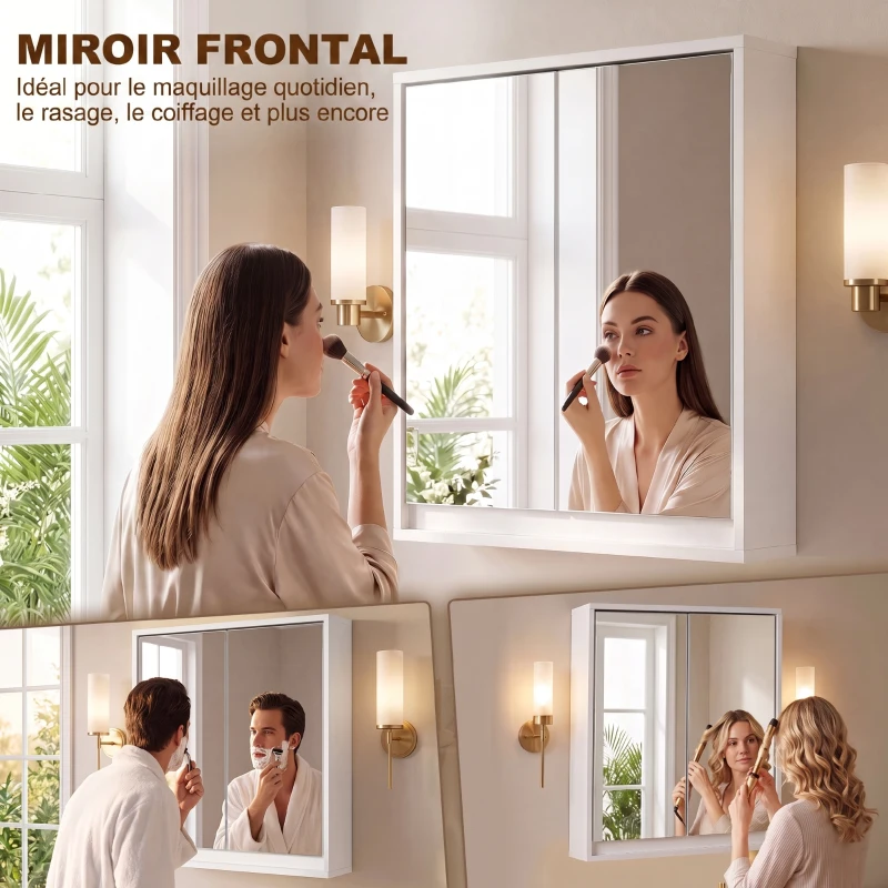 HOMCOM Armoire Murale Miroir Salle de Bain 2 étagères dim. 48L x 14l x 45H cm Panneaux Particules MDF Blanc