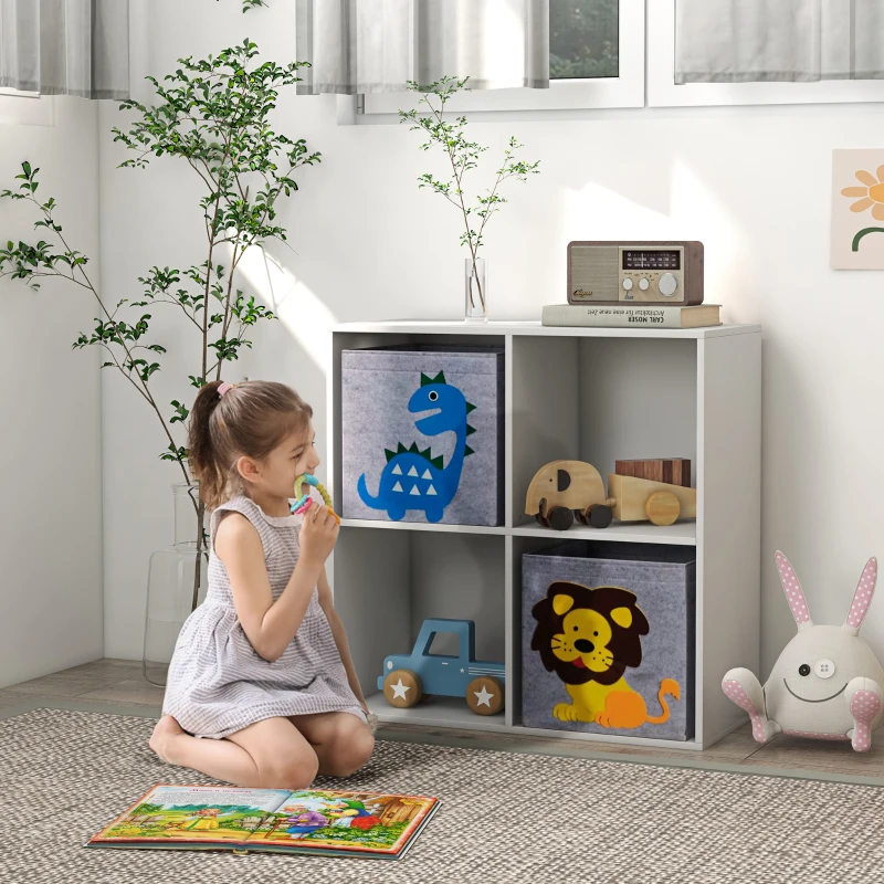 ZONEKIZ Estante para Brinquedos com 6 Compartimentos e 3 Caixas de Tecido não Tecido e Desenho de Animais 61,8x29,9x61,8 cm Branco e Cinza