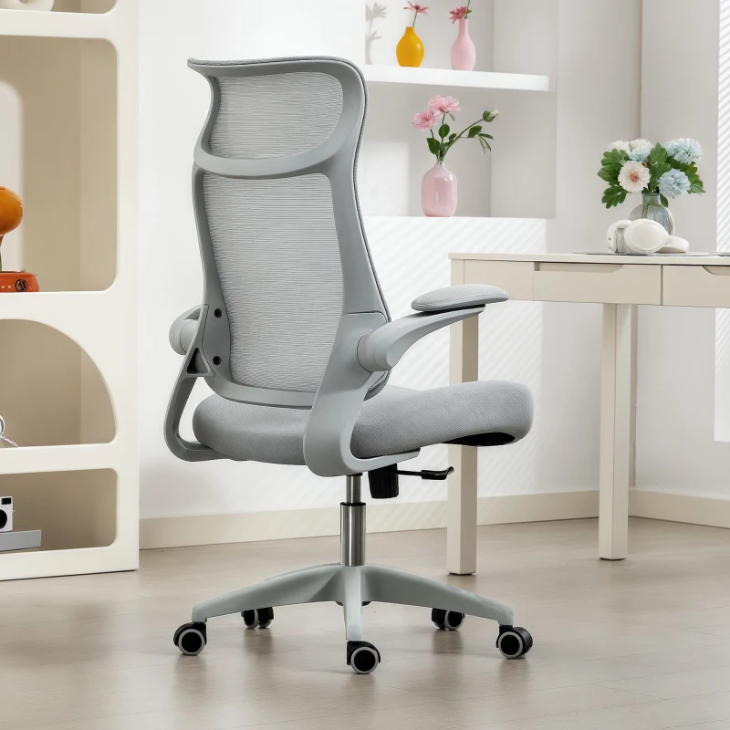 HOMCOM Silla de Oficina Ergonómica Giratoria de Malla con Soporte Lumbar Reposabrazos Abatibles Reposacabezas Basculante Gris