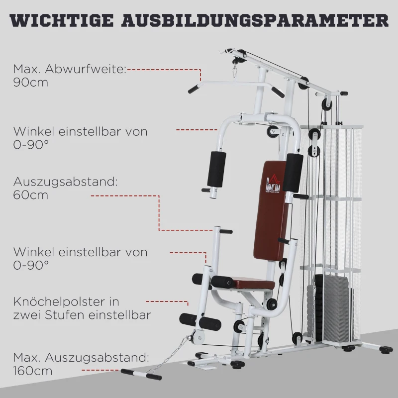HOMCOM Kraftstation Fitnessstation Fitnessgerät Multifunktion Krafttraining Multistation Trainingsstation mit Latzug Butterflystange 45kg Gewichten Seil, Fitnessgeräte für Zuhause Weiß