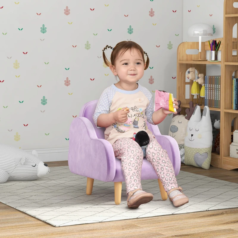 ZONEKIZ Kids Armchair Toddler Sofa Children Chair with Arm Rest, Wooden Frame, Velvet, PP Legs, Cloud Shape, for Ages 1.5-3 Years - Purple