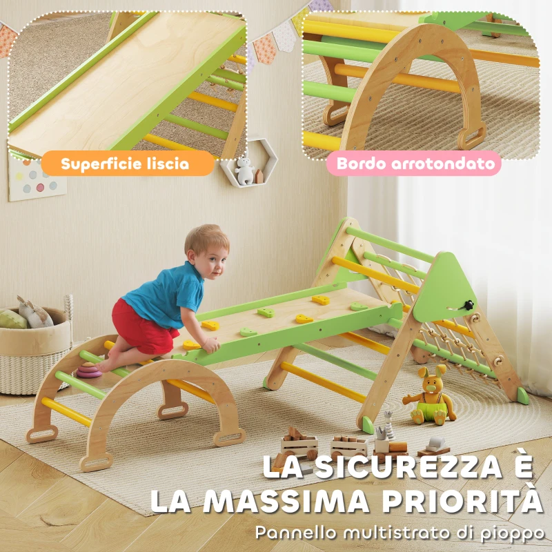AIYAPLAY Gioco per Bambini 8 in 1 con Triangolo, Parete Liscia e Arco, in Legno di Pioppo e Pino, 191.5x74.5x63 cm