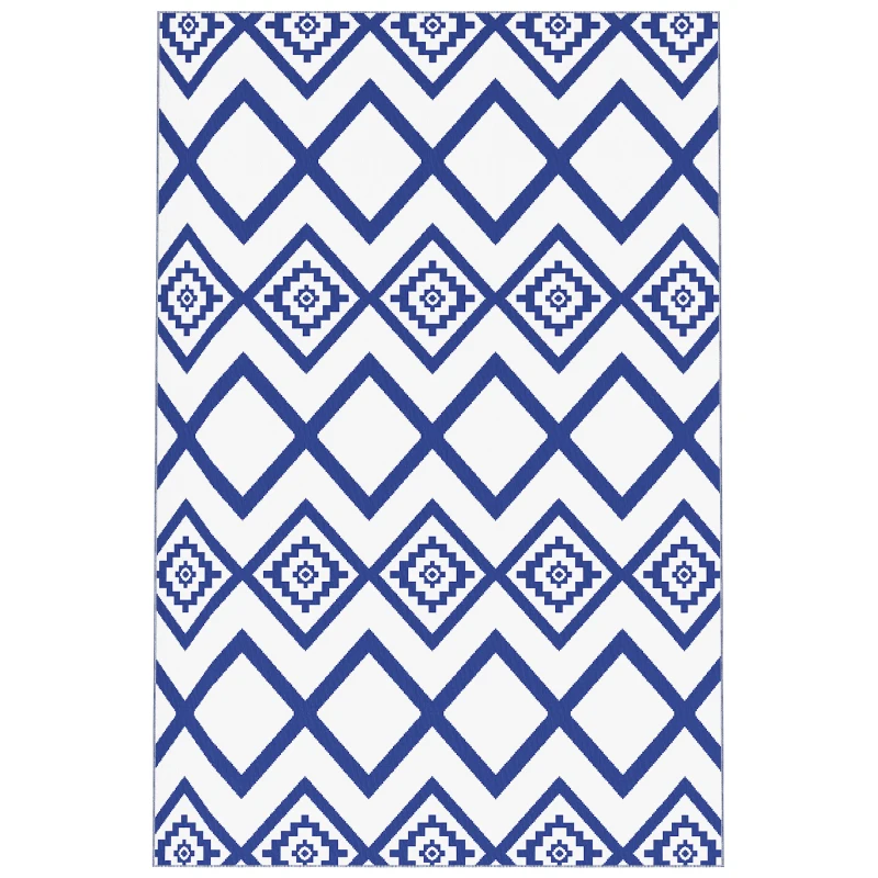 Outsunny Outdoorteppich Terrassenteppich, wetterbeständig, modernes Design, 182 cm x 274 cm x 0,3 cm, Blau + Weiß