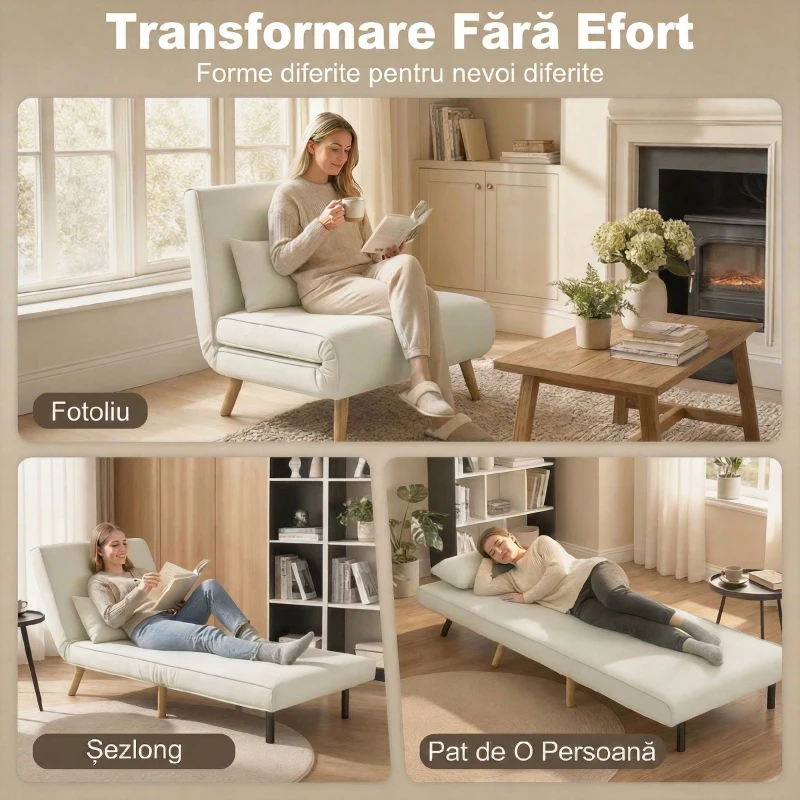 HOMCOM Fotoliu Pat 3 în 1, Reclinabil în 5 Trepte, Material Tip In, cu Pernă, Crem