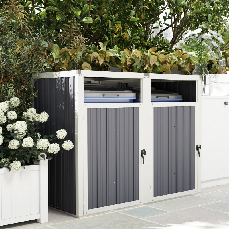 Outsunny Abri pour 2 poubelles 240L cache poubelle extérieur couvercle relevable 180° acier galvanisé 146x81x122cm gris foncé