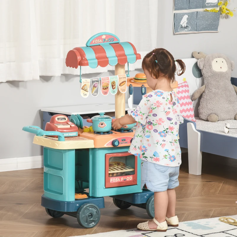 HOMCOM Cocina de Juguete para Niños de 3-6 Años con Ruedas Caja Registradora y Accesorios 79,5x33x90,5 cm Multicolor