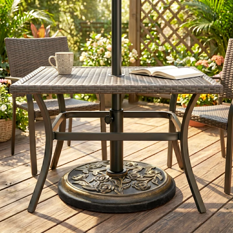 Outsunny 9kg Garden Parasol Base, Round Resin Cast Iron Effect Sun Umbrella Base, Outdoor Umbrella Stand for 38mm or 48mm Outdoor Umbrella Poles, Bronze Tone