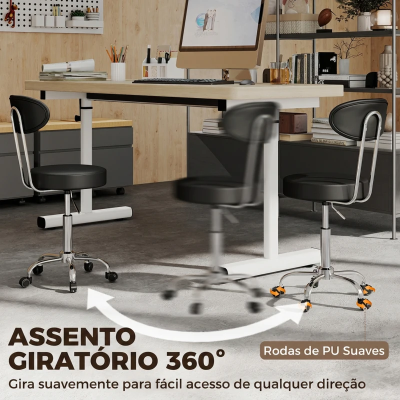 HOMCOM Banco com Rodas Giratório em Couro Sintético com Encosto e Altura Ajustável para Spa, Escritório e Tatuagens Preto
