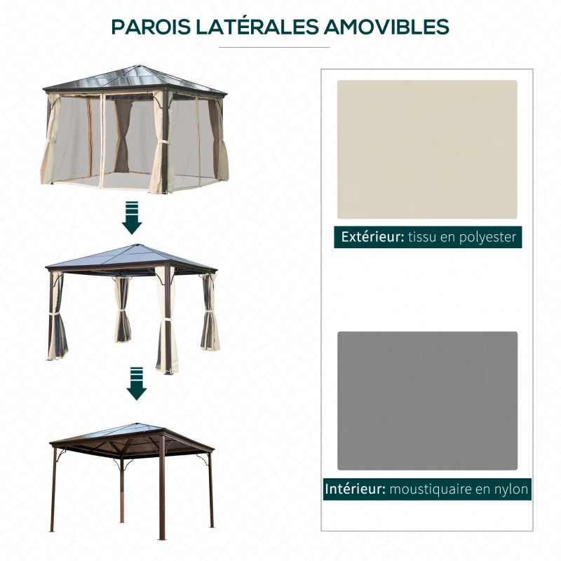 Outsunny Tonnelle pavillon de jardin imperméable 4 parois latérales anti-UV 4 moustiquaires panneaux polycarbonate alu 3L x 3l x 2,6H m chocolat beige
