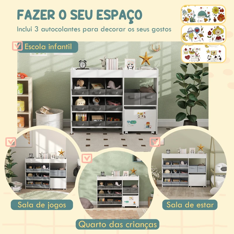 AIYAPLAY Organizador de Brinquedos para Crianças com 11 Cestas Amovíveis Compartimentos e Autocolantes 105x30x80 cm Branco e Cinza