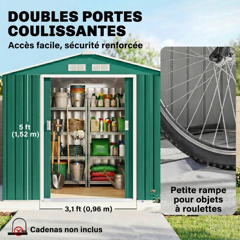 Outsunny Abri de Jardin 2,42 m² - Remise pour Outils avec kit de fondation - cabanon Porte verrouillable - dim. 213L x 130l x 185H cm - tôle d'acier Vert