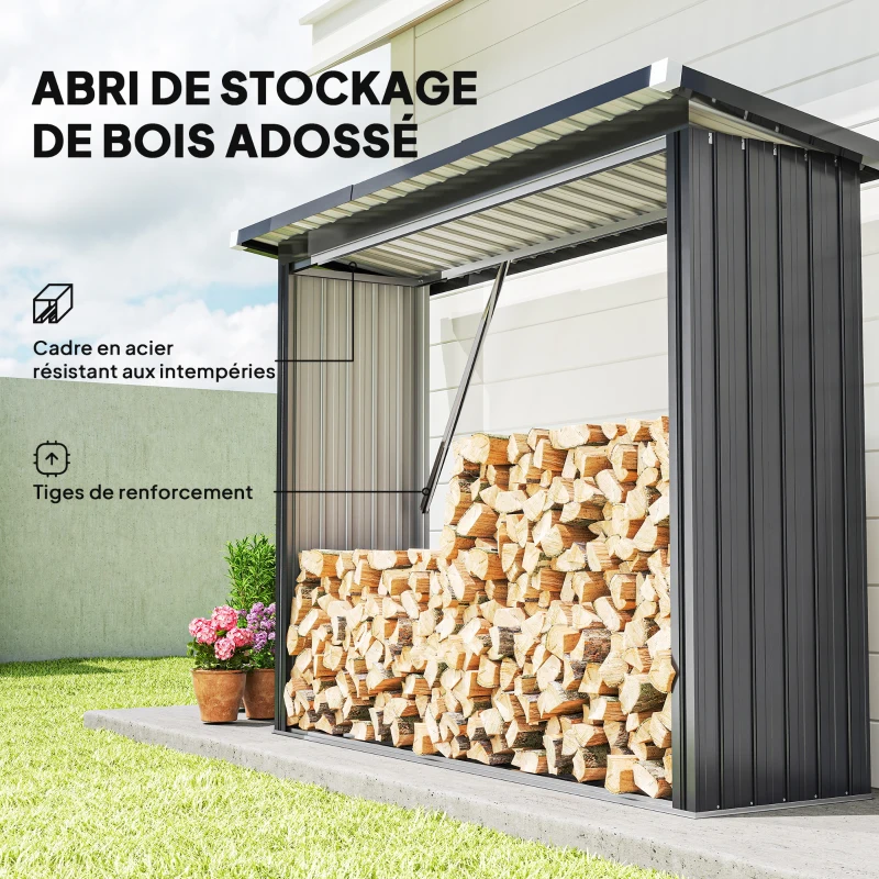 Outsunny Abri-bûches couvert support pour bois de chauffage plancher surélevé toit incliné, acier galvanisé 213x66,5x150cm gris