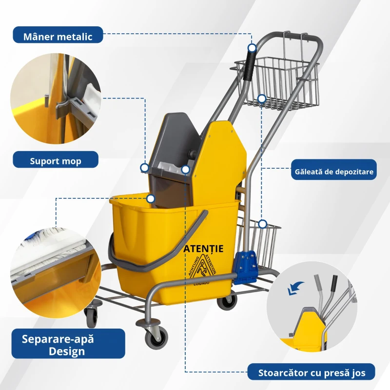 HOMCOM Cărucior de curățare cărucior de menaj profesional presă seau 26 L + coș de depozitare galben