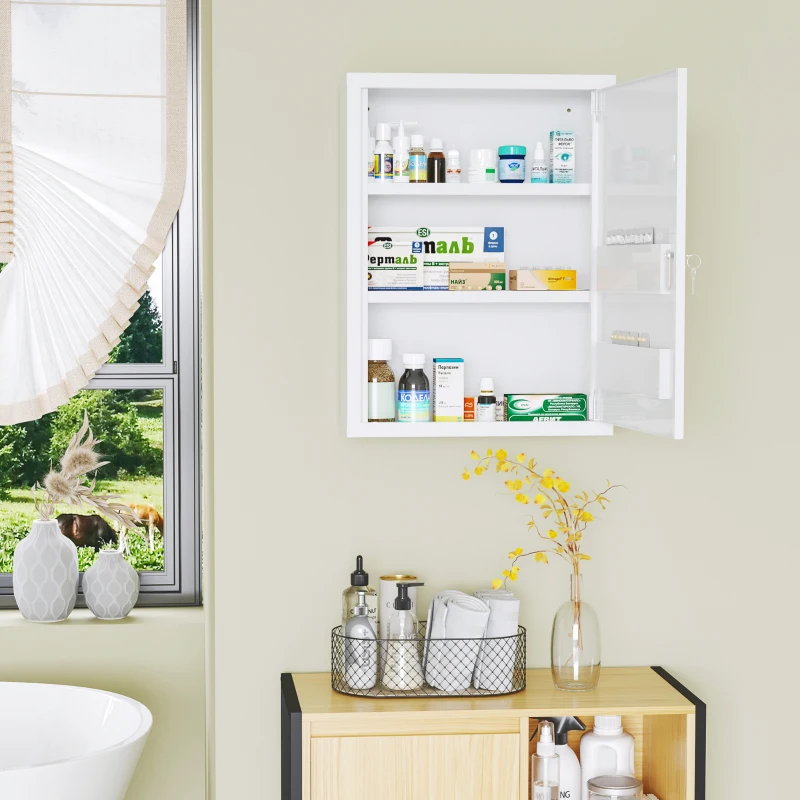 kleankin Armadietto Medicinali a Parete con 2 Ripiani e 2 Chiavi, in Acciaio, 40x15x53.5 cm, Bianco