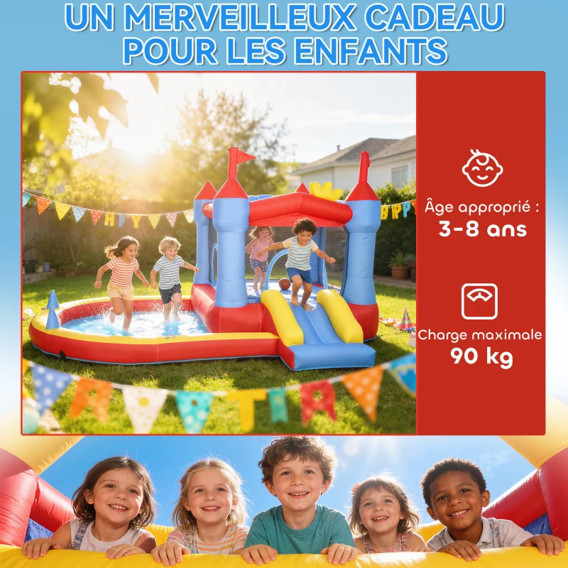 AIYAPLAY Château gonflable avec souffleur, aire de jeux gonflable avec toboggans, trampoline, piscine à balles, multicolore