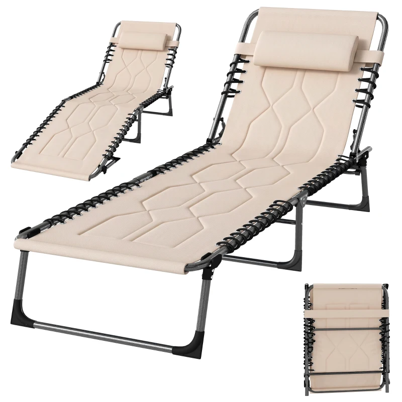 Outsunny Sonnenliege, Faltbare Gartenliege, Klappliege mit Kissen, 5-stufige Rückenlehne, Oxfordstoff, 188 x 57 x 30 cm, Beige