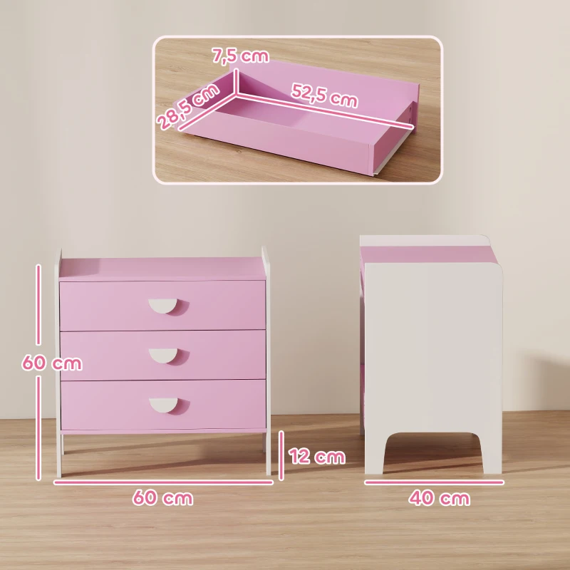AIYAPLAY Commode pour enfants, commode rangement 3 tiroirs pour chambre d'enfant, crèche, salle de jeux, 60 x 40 x 60 cm, rose