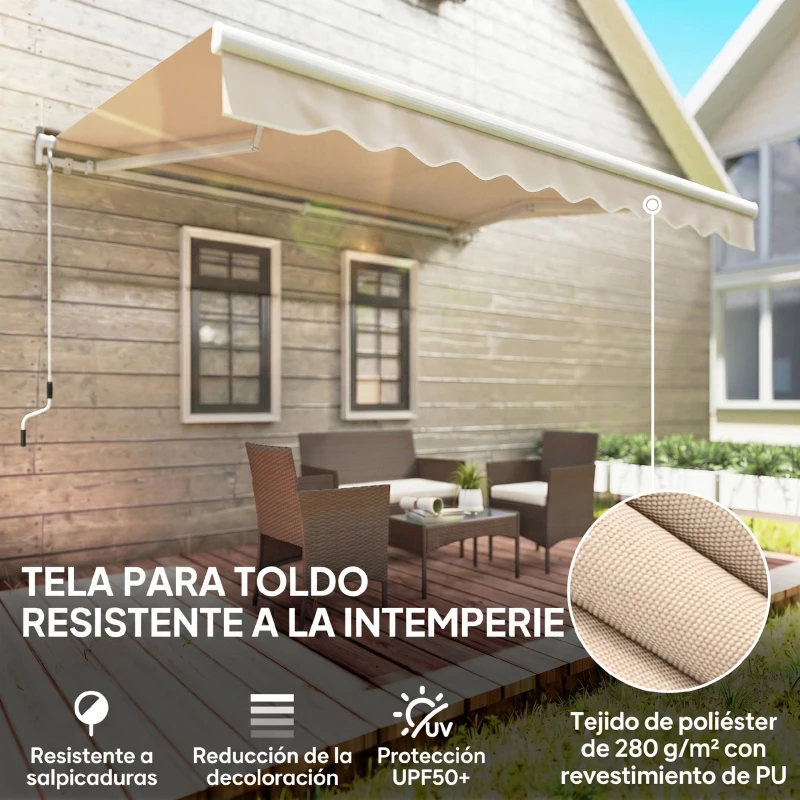 Outsunny Toldo Manual Retráctil 295x250cm Ángulo Ajustable con Manivela para Exterior Balcón Jardín Terraza Crema