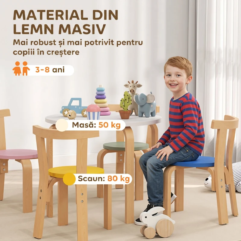 AIYAPLAY Set masă și scaune pentru copii 3-8 ani, 5 piese, cu margini rotunjite, din lemn multicolor
