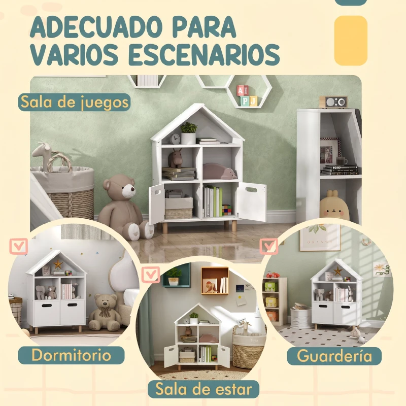 AIYAPLAY Librería Infantil de 3 Niveles Forma Casa con 3 Estantes y 2 Armarios para Guardería para Niños de 3 a 8 Años Blanco