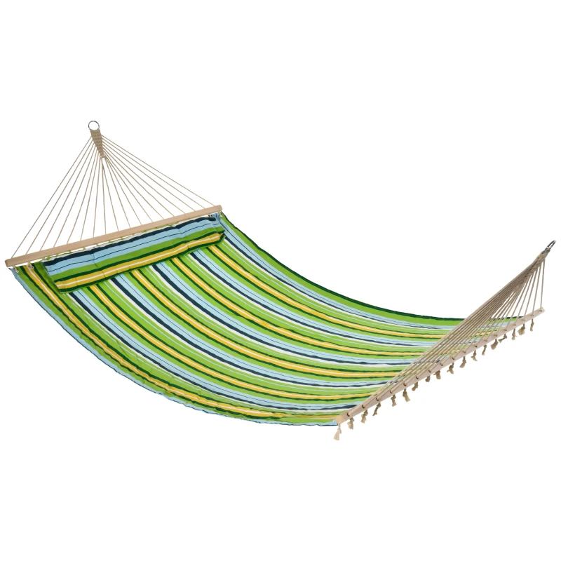 Outsunny Hamaca Colgante de Jardín para 2 Personas Hamaca Ecológico para Camping con Almohada Carga de 180 kg Rayas Azules y Verdes 3,4x1,4m