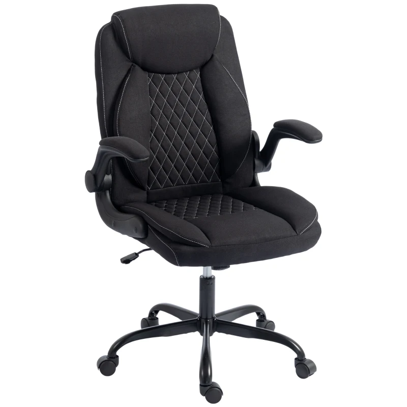 HOMCOM Linen-Look Computer Desk Chair, Executive Office Chair with Flip-Up Armrests and Thick Cushion, Black