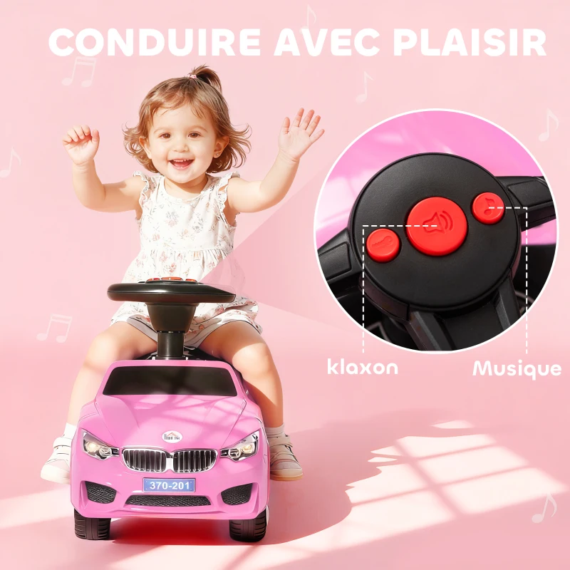 HOMCOM Porteur enfants voiture, véhicule à pousser avec coffre à jouets, klaxon, phares et musique, 63,5 x 28 x 36 cm, rose