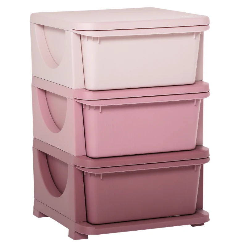 HOMCOM Organisateur de jouets pour enfants avec tiroirs à 3 niveaux, boîtes de rangement en plastique, 37 x 37 x 56,5 cm, rose