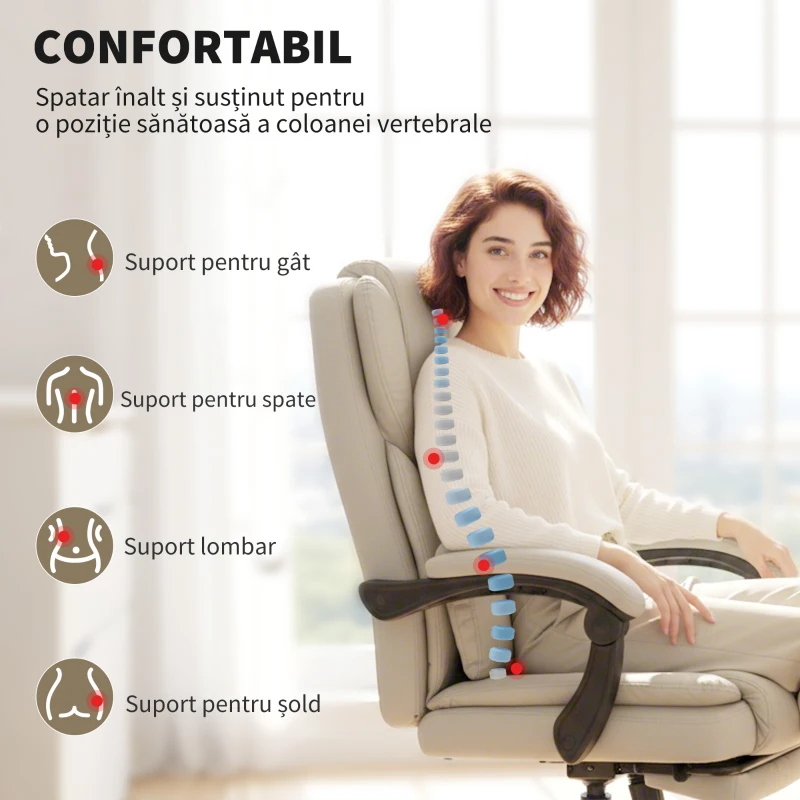 HOMCOM Scaun de birou reclinabil din piele ecologică, cu suport pentru picioare și roți, 65x67x111-119 cm, bej