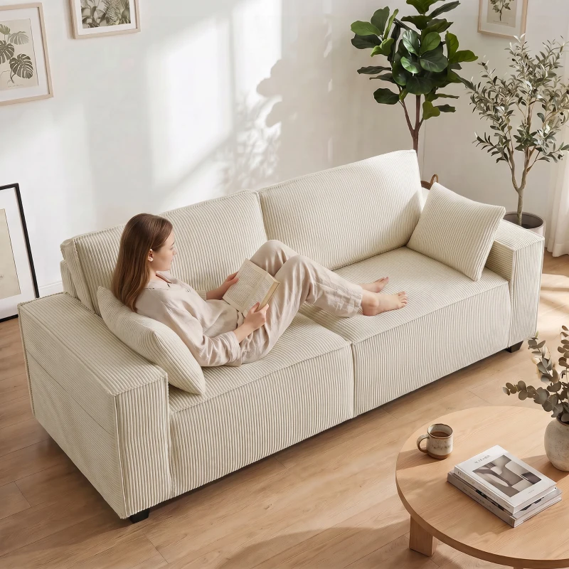 HOMCOM Canapé 3 places en velours côtelé 218 cm, canapé salon,  coussins à ressorts, larges accoudoirs, 2 coussins, beige