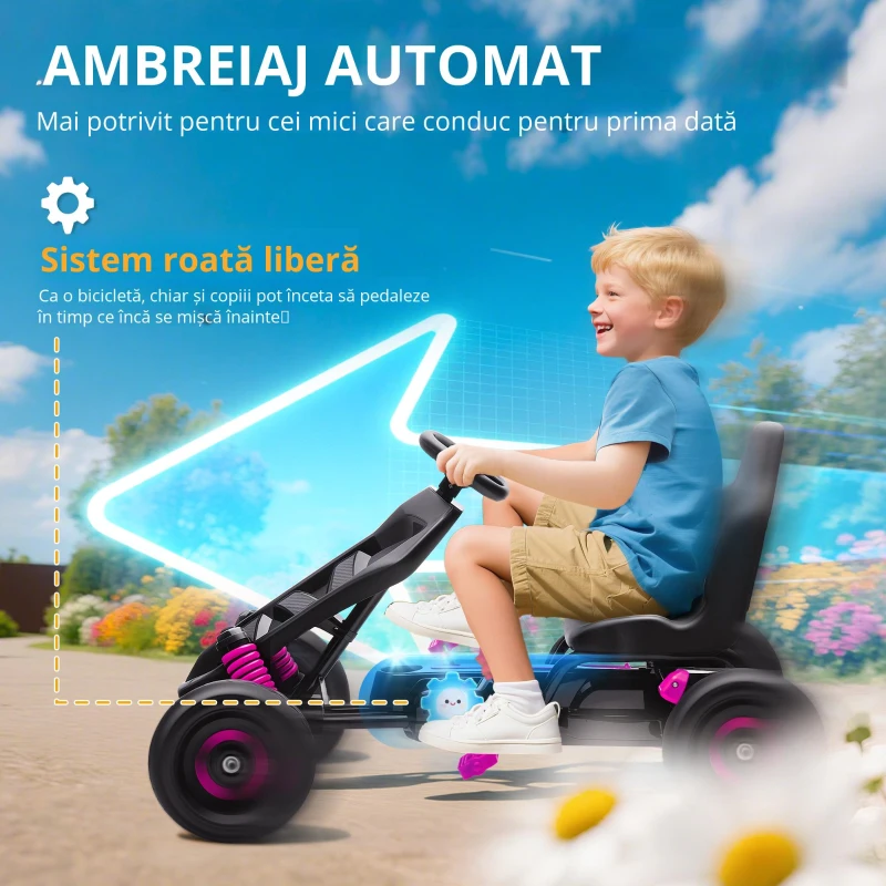 AIYAPLAY Kart cu pedale pentru copii, karting copii 3-6 ani cu ambreiaj automat, frână, roți EVA antiderapante, roz