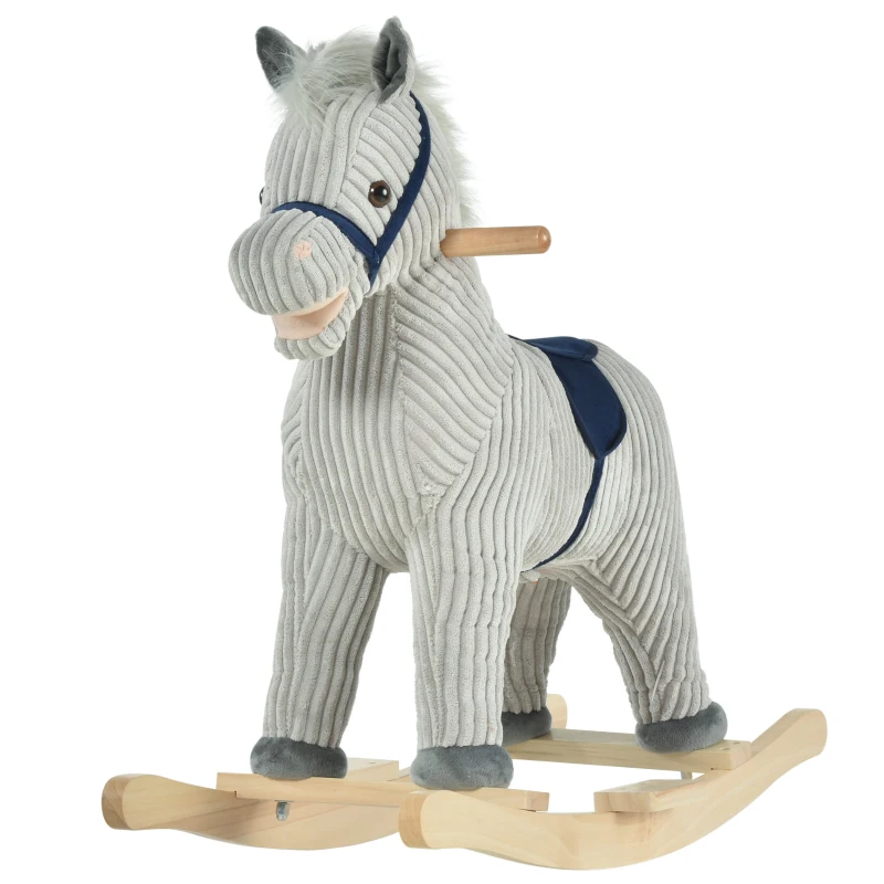 HOMCOM Caballito Balancín Infantil para Niños de +3 Años Caballo Mecedora de Felpa con Sonidos de Relincho y Galope Base de Madera Carga 45 Kg 73x35x64 cm Azul y Rayas Gris