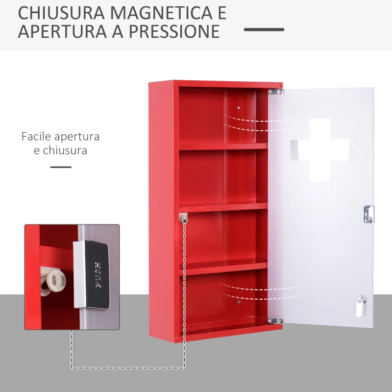 HOMCOM Cassetta Porta Medicine Armadietto Medicinali 4 Livelli Porta in Vetro 60×30×12cm Rosso