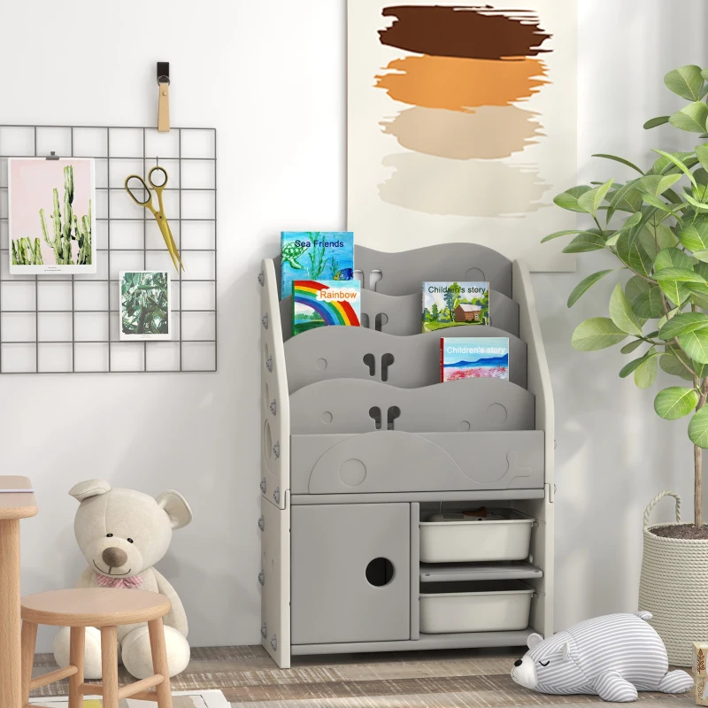AIYAPLAY Kinderschrank, 4 Regalböden, 2 Aufbewahrungsboxen, HDPE, 67x29x98cm, Hellgrau