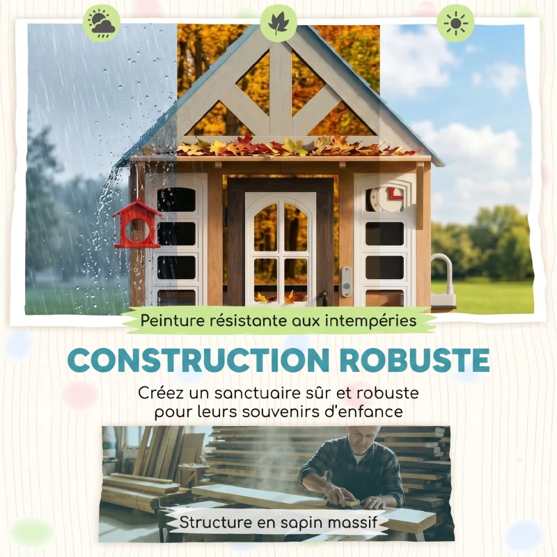 AIYAPLAY Cabane enfant extérieur en bois, maison enfant extérieure/intérieure avec chatière, cuisine de jeu, marron
