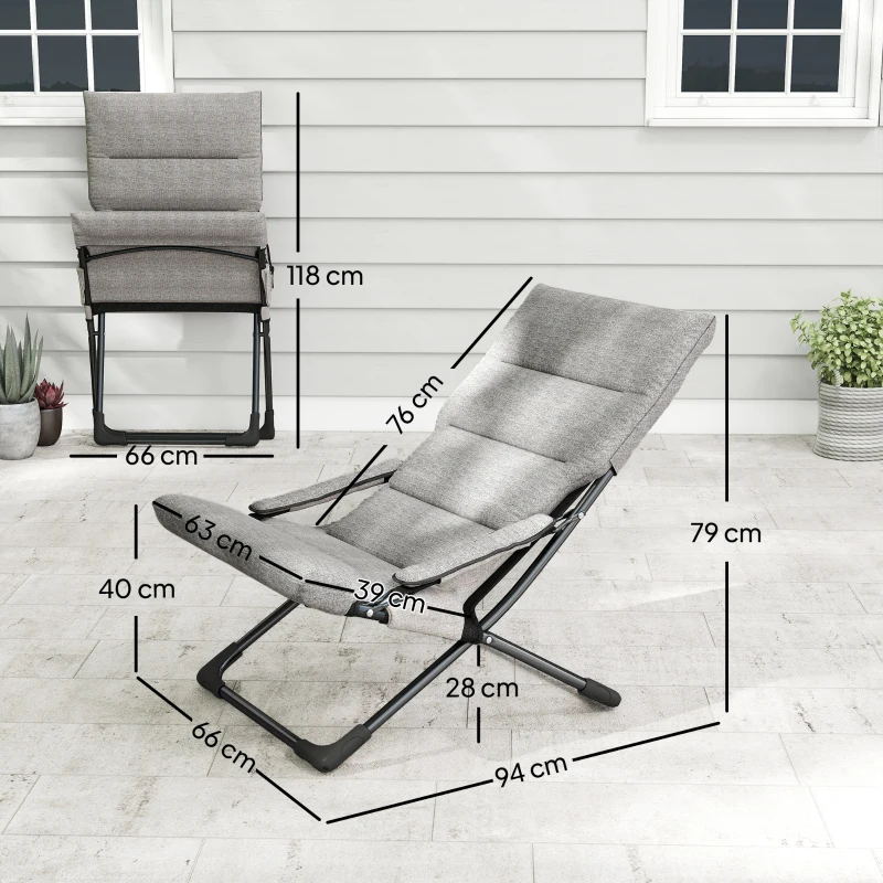 Outsunny Chaise pliante extérieur, chaise pliante camping avec coussin épais rembourré et accoudoir, gris