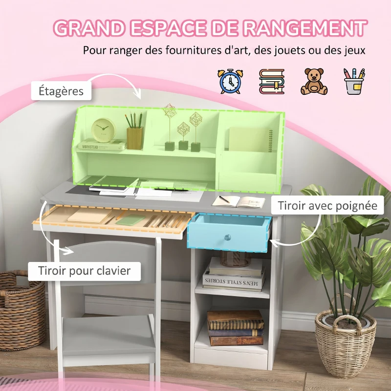 ZONEKIZ Bureau enfant avec chaise ergonomique avec clavier coulissant tiroir niches et étagères ouvertes 90 x 45 x 90 cm gris