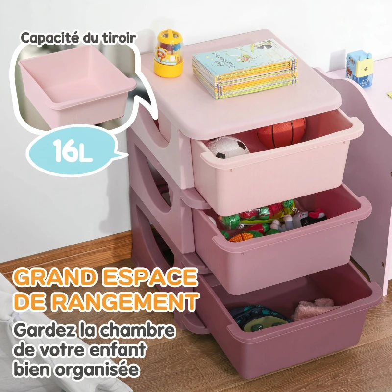 HOMCOM Organisateur de jouets pour enfants avec tiroirs à 3 niveaux, boîtes de rangement en plastique, 37 x 37 x 56,5 cm, rose