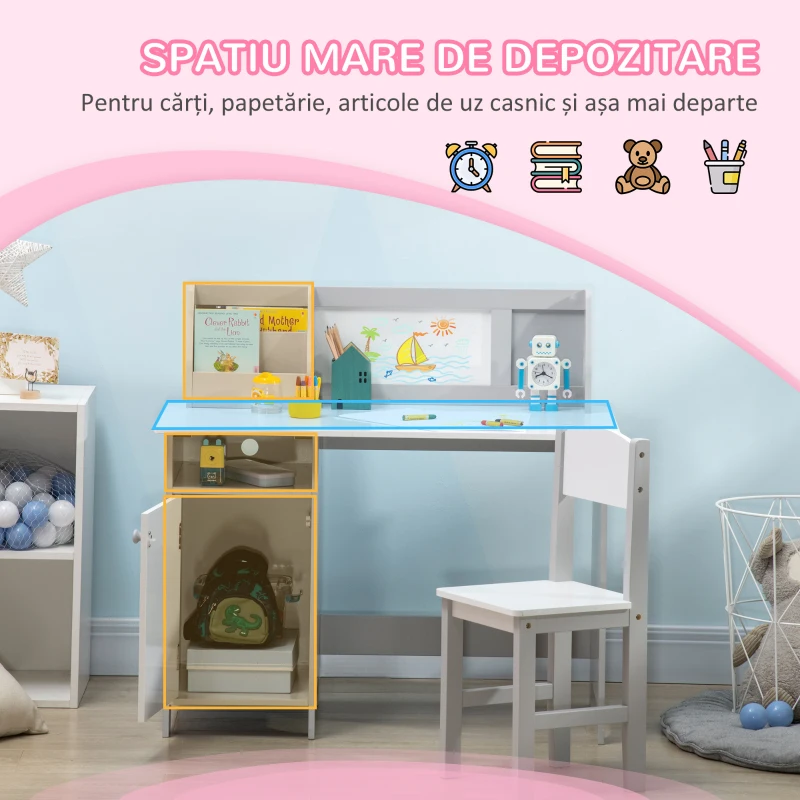 HOMCOM Set Masă și Scaune pentru Copii 5+ Ani din Lemn cu Birou Școlar și Scaun Alb și Gri