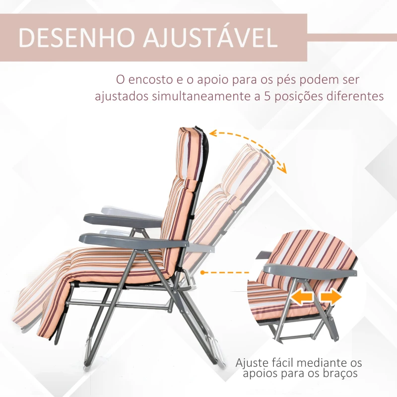 Outsunny Conjunto de 2 Espreguiçadeiras Dobráveis de Jardim com Almofada Acolchoada, Encosto Ajustável em 5 Posições, Apoio para os Pés e Estrutura de Aço, 60x75x65-102 cm, Listas Laranja