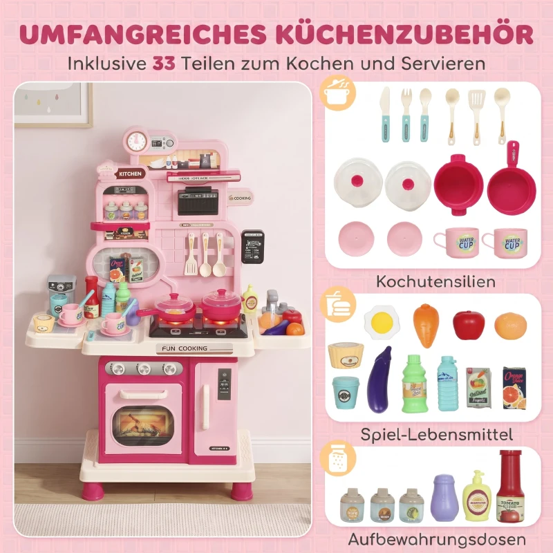 AIYAPLAY Kinderküche Kinder 33-teilig Spielküche Zubehör mit Licht, Sound, Stauraum, Spielspüle, Herd und Backofe 3-6 Jahren