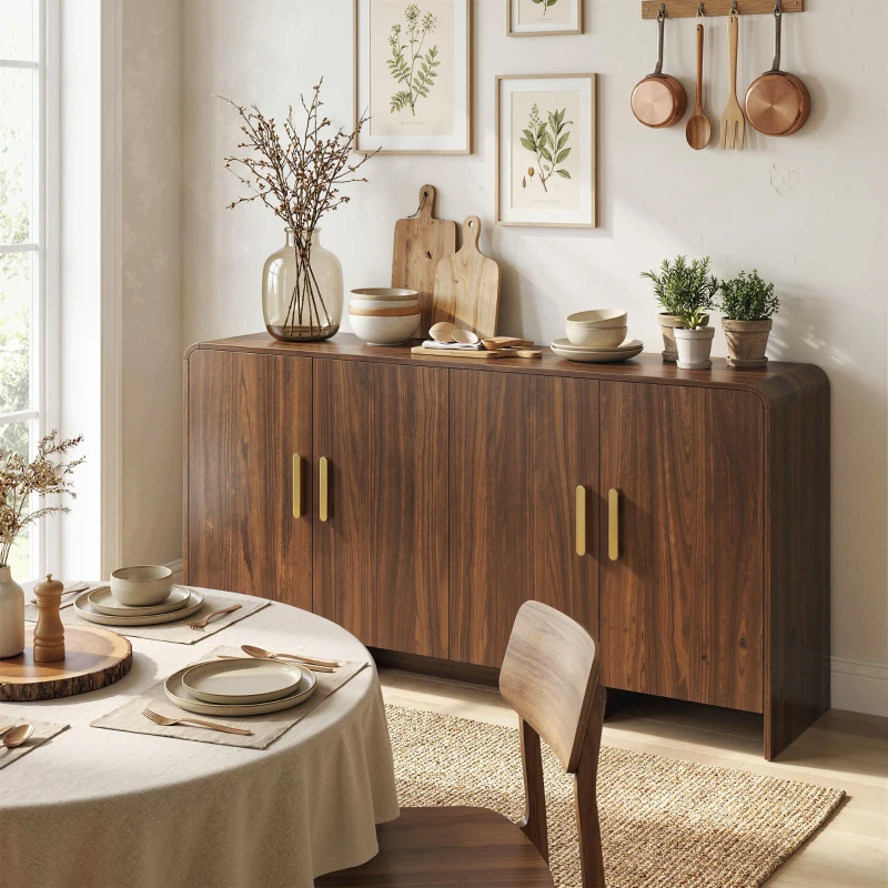 HOMCOM Buffet cuisine, meuble de rangement avec 4 portes à fermeture douce, 4 compartiments et bords arrondis, 152x40x80cm, noyer