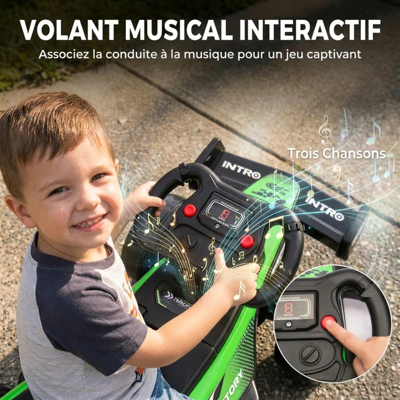 AIYAPLAY Porteur enfants voiture F1, véhicule à pousser avec volant musical, roues silencieuses et coffre, 18-36 mois, vert